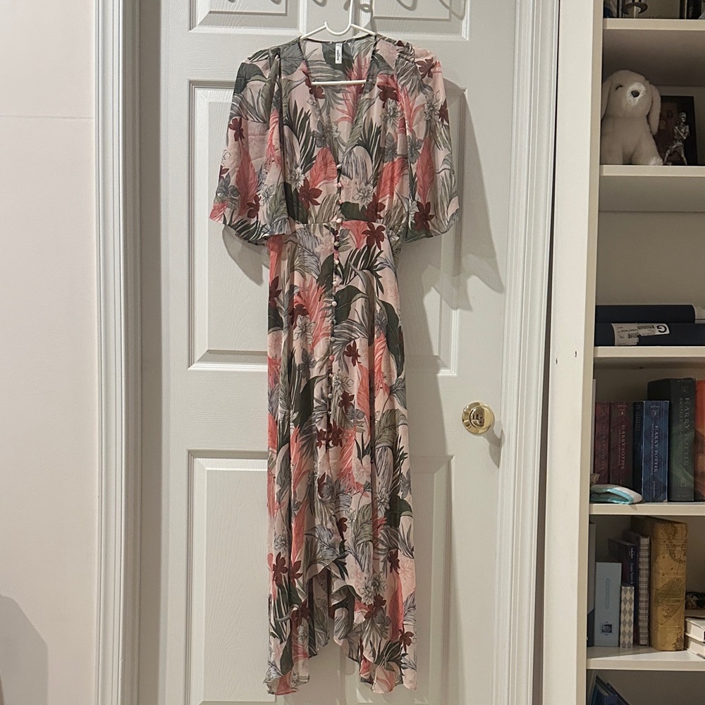 Mango Floral High Low Dress in Pink and Green